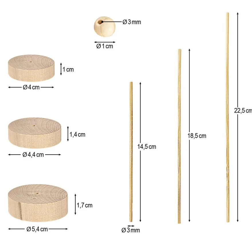 Holz-Ständer mit Stäben und Perlen, 6 Ständer in 3 versch. Größen, 60 Holz-Perlen, 72-teilig