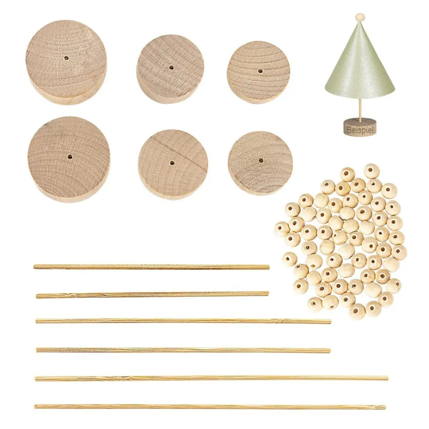 Holz-Ständer mit Stäben und Perlen, 6 Ständer in 3 versch. Größen, 60 Holz-Perlen, 72-teilig
