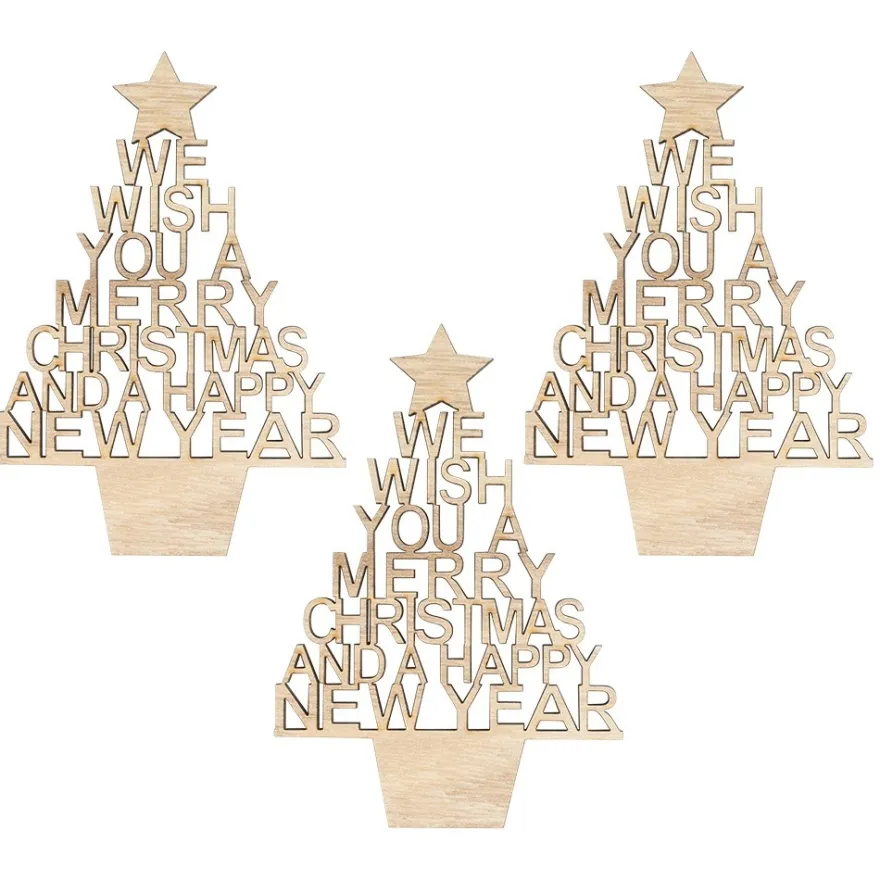 Holz-Tannen aus Schriftzügen, Merry Christmas, 14,4cm x 10cm, flach, 4,5mm stark, 3 Stück