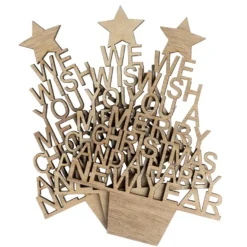 Holz-Tannen aus Schriftzügen, Merry Christmas, 14,4cm x 10cm, flach, 4,5mm stark, 3 Stück
