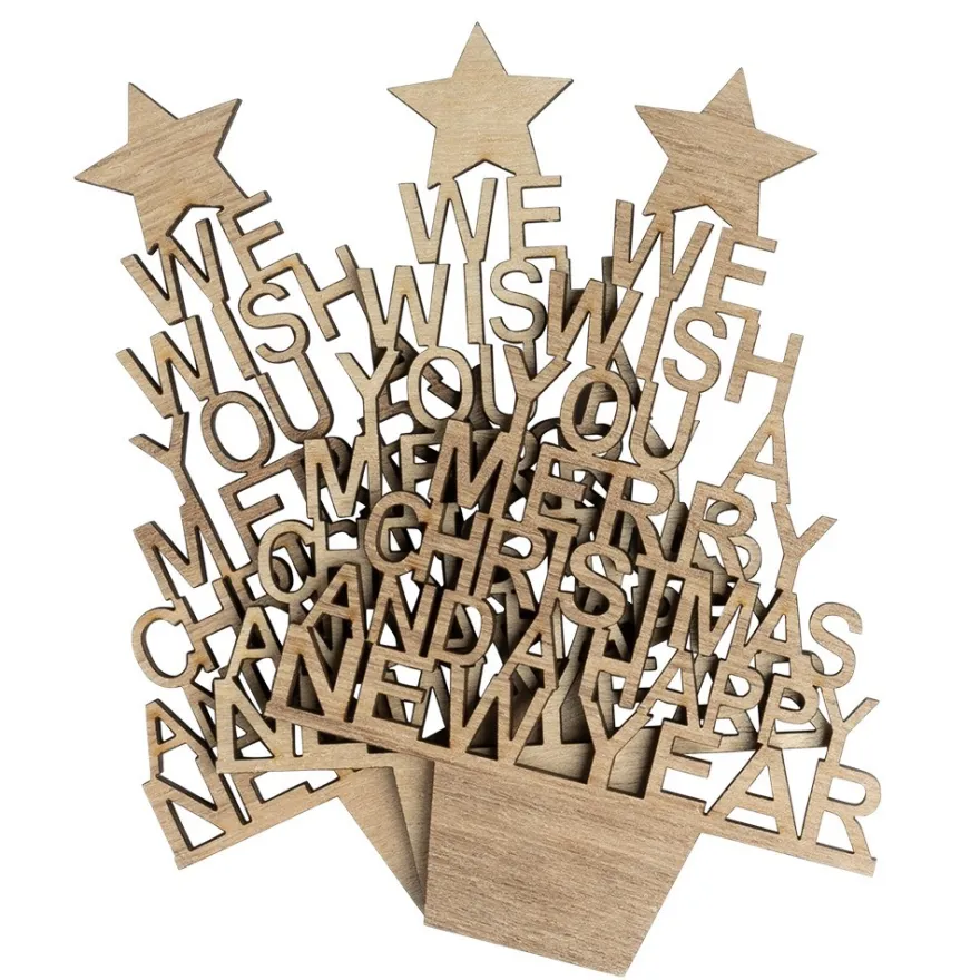 Holz-Tannen aus Schriftzügen, Merry Christmas, 14,4cm x 10cm, flach, 4,5mm stark, 3 Stück