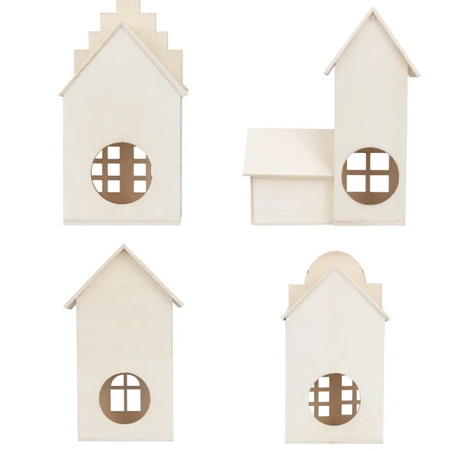 Häuser aus Holz, 4 Größen, mit Öffnung, 4 Stück
