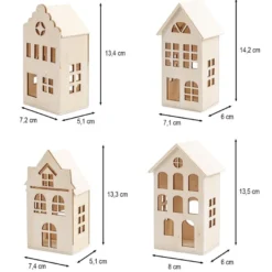 Häuser aus Holz, Sortierung 2, 4 Größen und Designs, mit Öffnung, 4 Stück