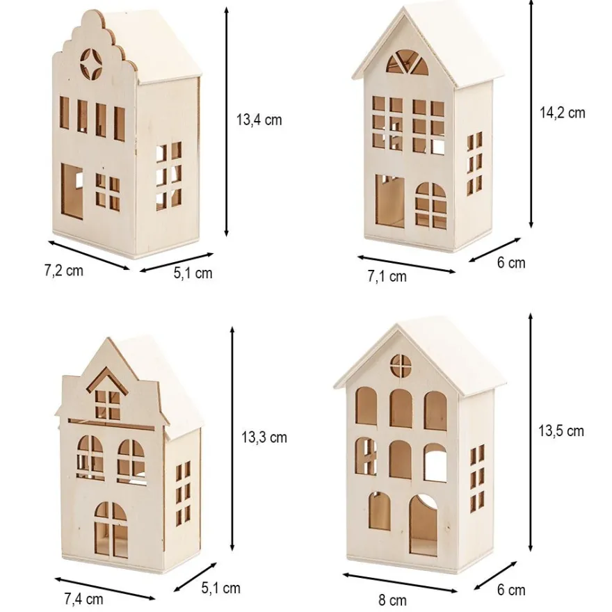Häuser aus Holz, Sortierung 2, 4 Größen und Designs, mit Öffnung, 4 Stück