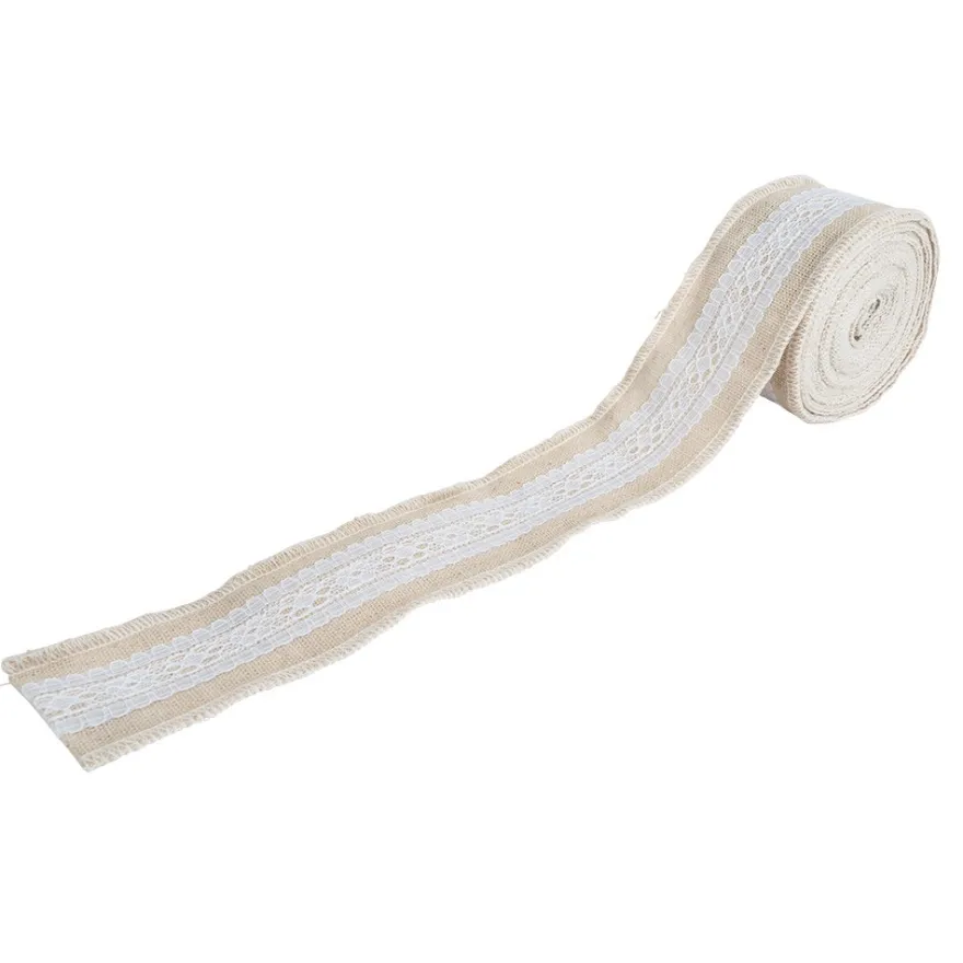 Juteband mit Spitze, Design 4, 4,7cm breit, 5m lang, auf Rolle, natur