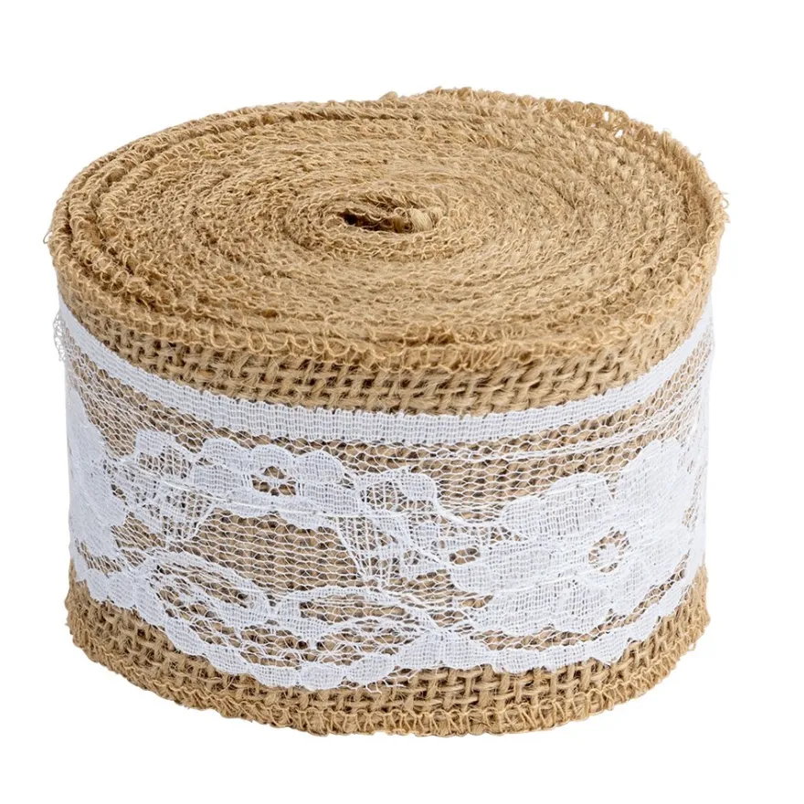 Juteband mit Spitze, Design 3, 5,7cm breit, 5m lang, auf Rolle, natur