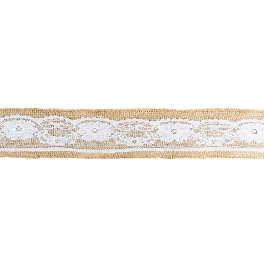 Juteband mit Spitze, Design 3, 5,7cm breit, 5m lang, auf Rolle, natur