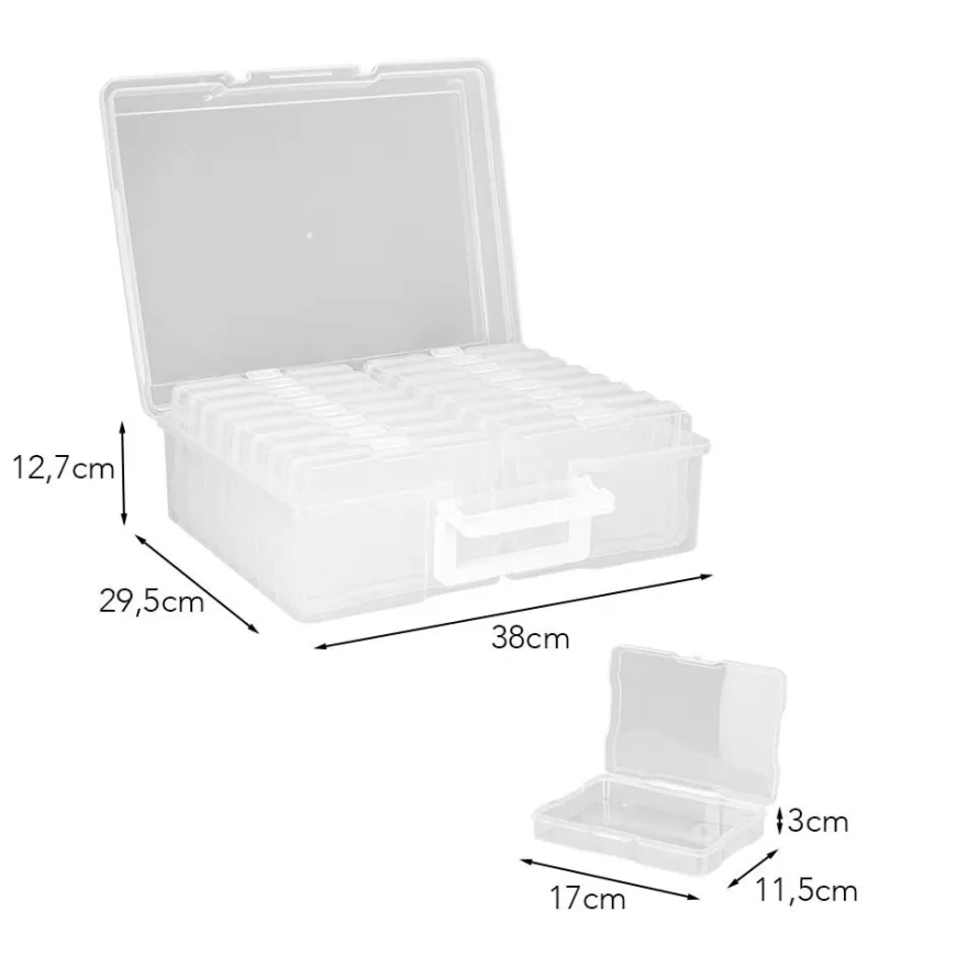 Koffer mit 16 herausnehmbaren Sortierboxen, Koffer: 38cm x 29,5cm x 12,7cm, transparent, 17-teilig