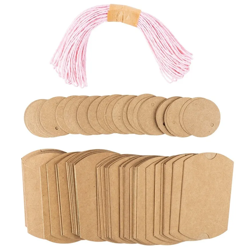 Kraftpapier-Kissentaschen, 6,5cm x 9cm, inkl. Anhänger & rosa Papierkordel, 50 Stück