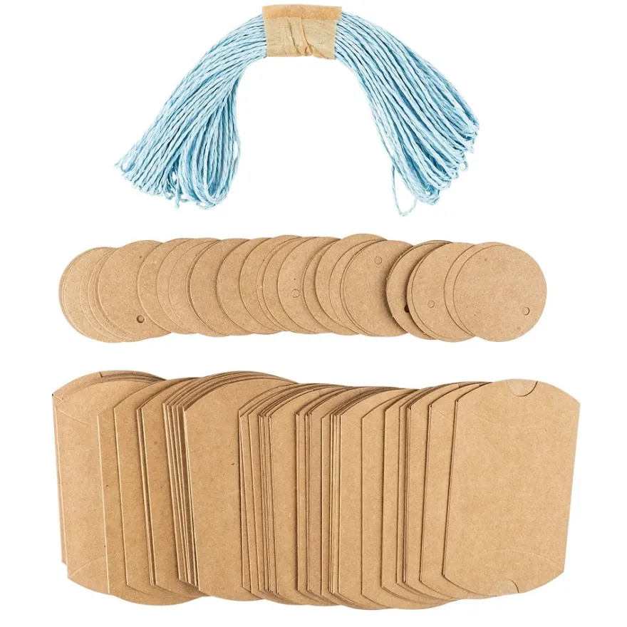 Kraftpapier-Kissentaschen, 6,5cm x 9cm, inkl. Anhänger & hellblaue Papierkordel, 50 Stück