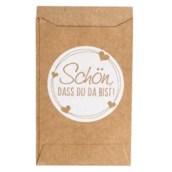 Kraftpapier-Tüten, Schön, dass Du da bist!, 10,6cm x 6,3cm, 200 g/m², weiß bedruckt, 100 Stück