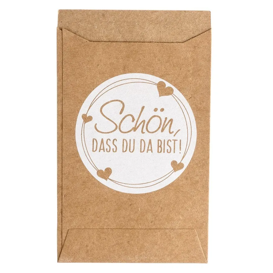 Kraftpapier-Tüten, Schön, dass Du da bist!, 10,6cm x 6,3cm, 200 g/m², weiß bedruckt, 100 Stück