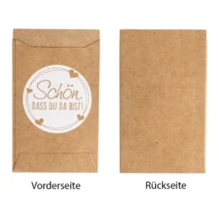 Kraftpapier-Tüten, Schön, dass Du da bist!, 10,6cm x 6,3cm, 200 g/m², weiß bedruckt, 100 Stück