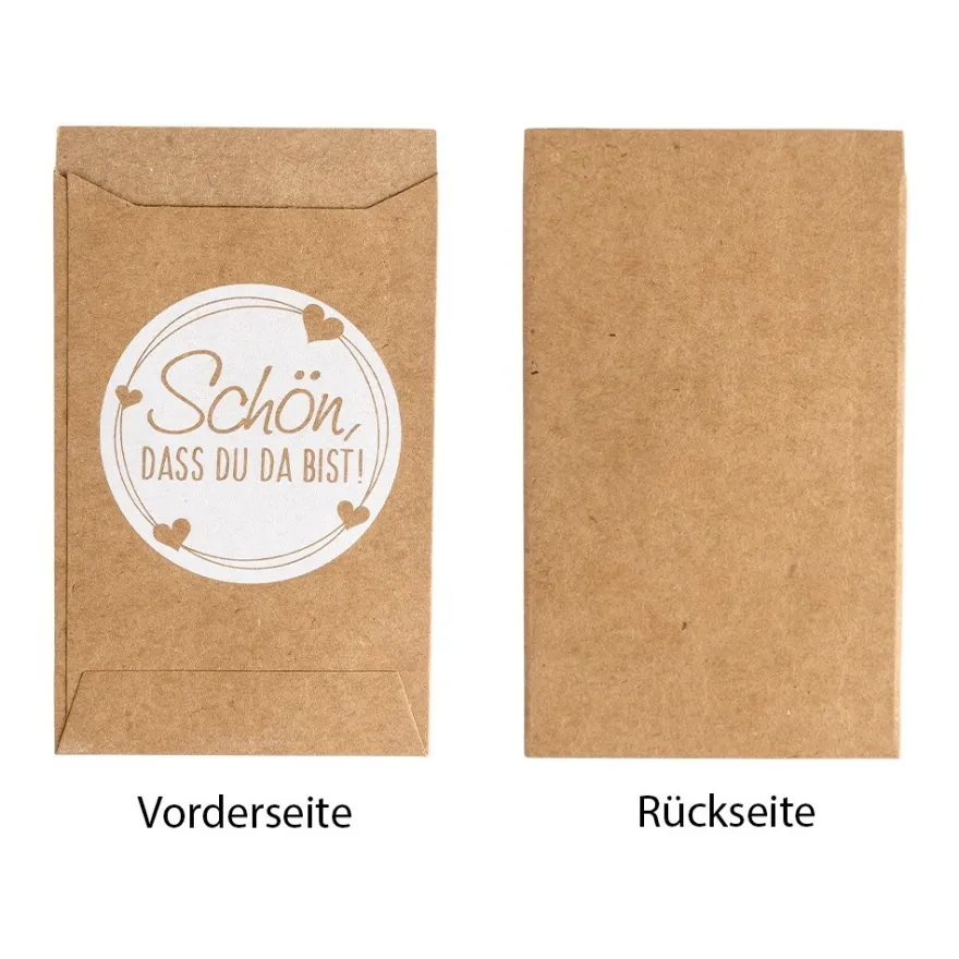Kraftpapier-Tüten, Schön, dass Du da bist!, 10,6cm x 6,3cm, 200 g/m², weiß bedruckt, 100 Stück
