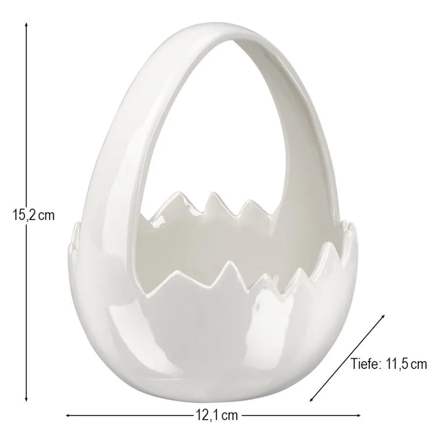 Körbchen in Eierschalenform, 15,2cm hoch, 12,1cm breit, 11,5cm tief, weiß glänzend
