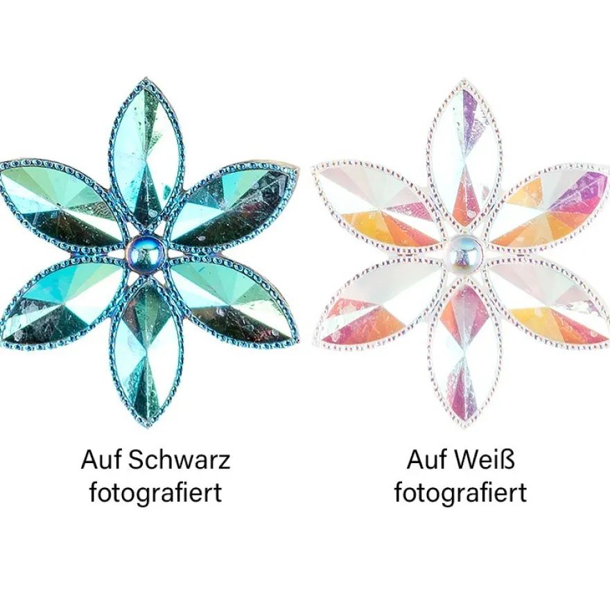 Kristallkunst-Schmucksteine, Blüte, Ø 4,3cm, transparent, klar, irisierend, 12 Stück