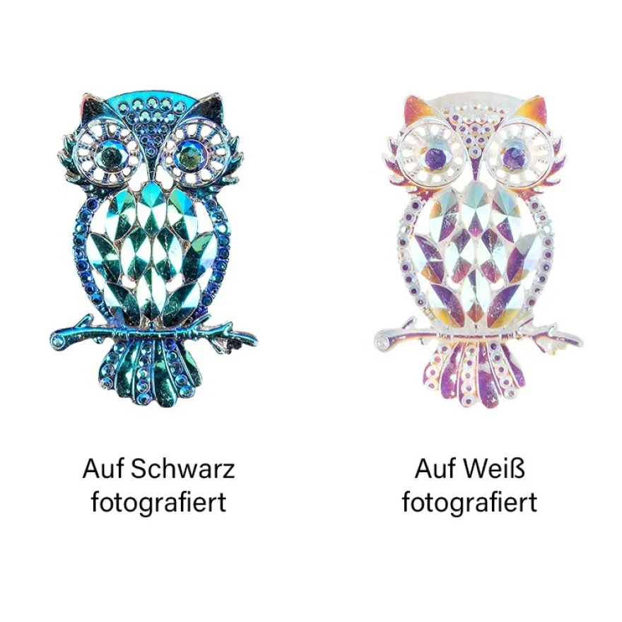 Kristallkunst-Schmucksteine, Eule, 3,4cm x 4,8cm, transparent, klar, irisierend, 7 Stück