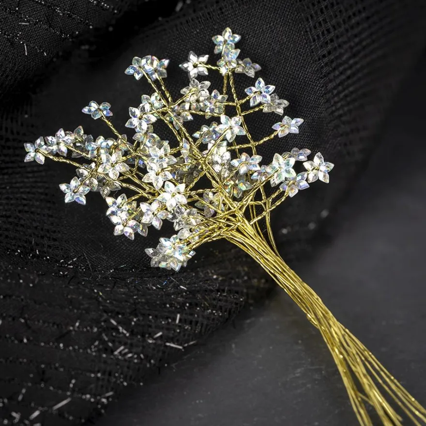 Kristallzweige, Blumen, 14cm, silber hinterlegt, klar, irisierend, 10 Stück