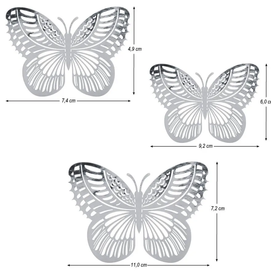 Laser-Aufleger Schmetterlinge, Design 3, je 2 Stück in 3 Größen, silber, spiegelnd, 6 Stück