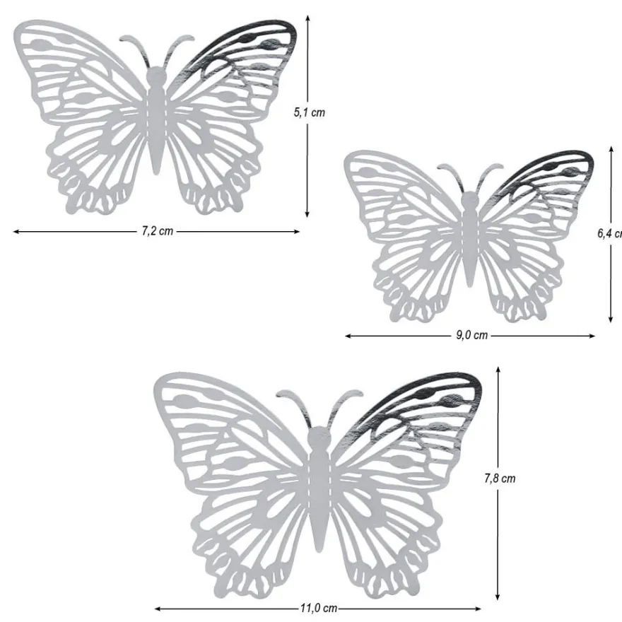 Laser-Aufleger Schmetterlinge, Design 2, je 2 Stück in 3 Größen, silber, spiegelnd, 6 Stück