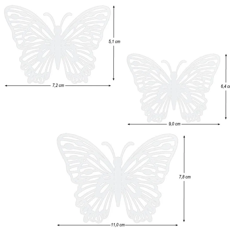 Laser-Aufleger Schmetterlinge, Design 2, je 2 Stück in 3 Größen, weiß, hochglänzend, 6 Stück