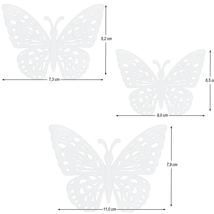 Laser-Aufleger Schmetterlinge, Design 1, je 2 Stück in 3 Größen, weiß, hochglänzend, 6 Stück