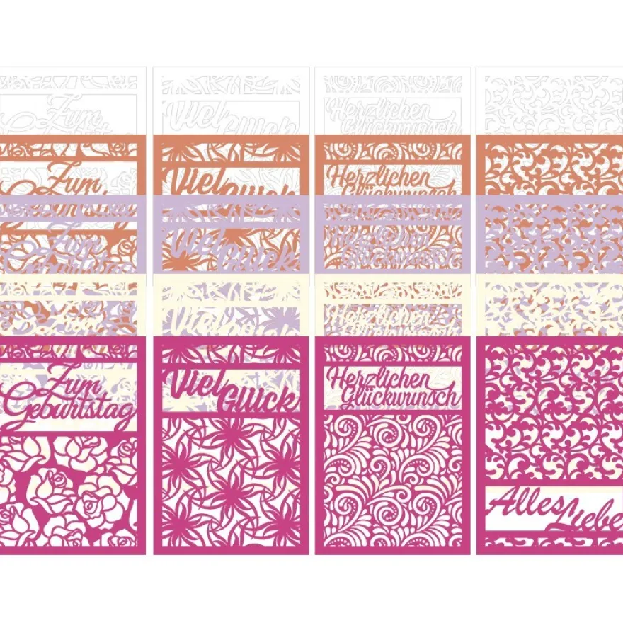 Laser-Kartenaufleger, Glückwünsche, 14,8cmx 10,5cm, 4 versch. Designs, 5 Farbtöne, 20 Stück