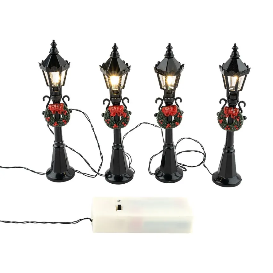 LED-Deko-Straßenlaternen, 12cm hoch, 2,5cm breit, je 1 LED-Lämpchen in Warmweiß, schwarz, 4 Stück
