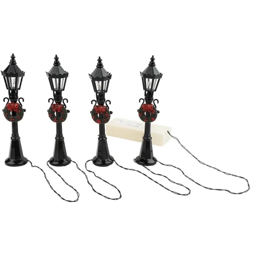 LED-Deko-Straßenlaternen, 12cm hoch, 2,5cm breit, je 1 LED-Lämpchen in Warmweiß, schwarz, 4 Stück