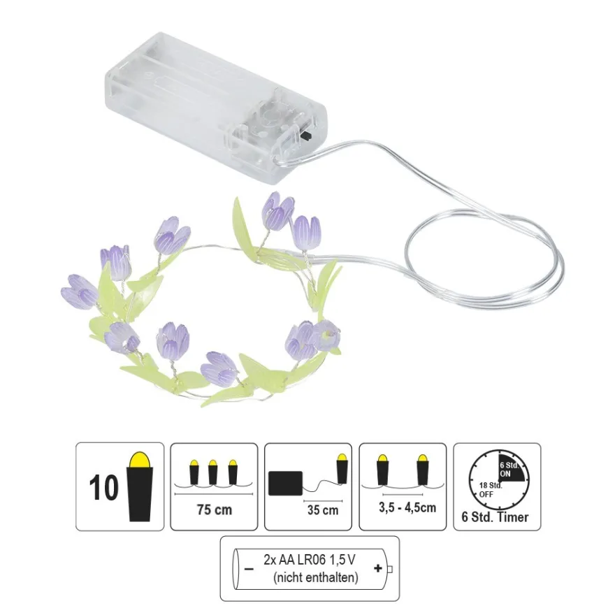 LED-Drahtlichterkette Blümchen, 10 LEDs in Warmweiß, 0,75m lang, Timer