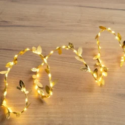 LED-Draht-Lichterkette mit goldenen Blättern, 100 LEDs in Warmweiß, 1,80m lang, Timer
