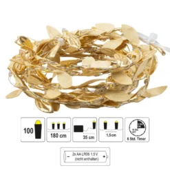 LED-Draht-Lichterkette mit goldenen Blättern, 100 LEDs in Warmweiß, 1,80m lang, Timer