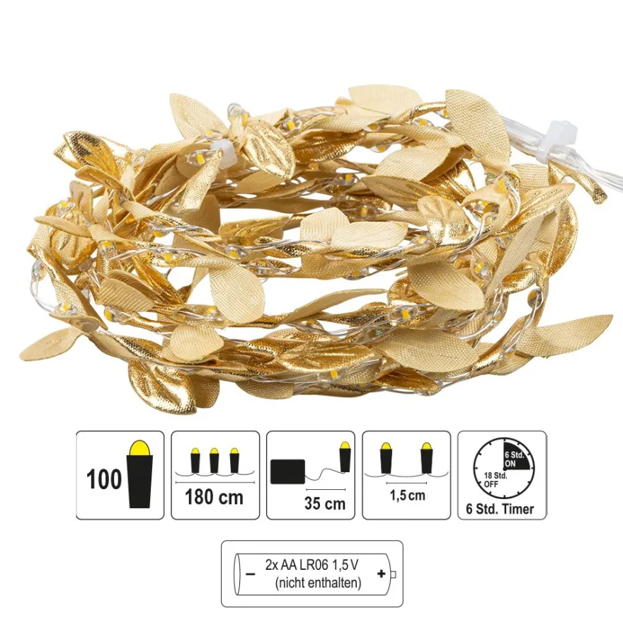 LED-Draht-Lichterkette mit goldenen Blättern, 100 LEDs in Warmweiß, 1,80m lang, Timer