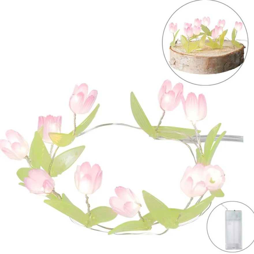 LED-Drahtlichterkette rosa Blümchen, 10 LEDs in Warmweiß, inkl. Timer