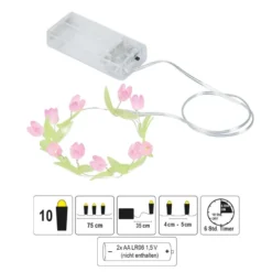 LED-Drahtlichterkette rosa Blümchen, 10 LEDs in Warmweiß, inkl. Timer