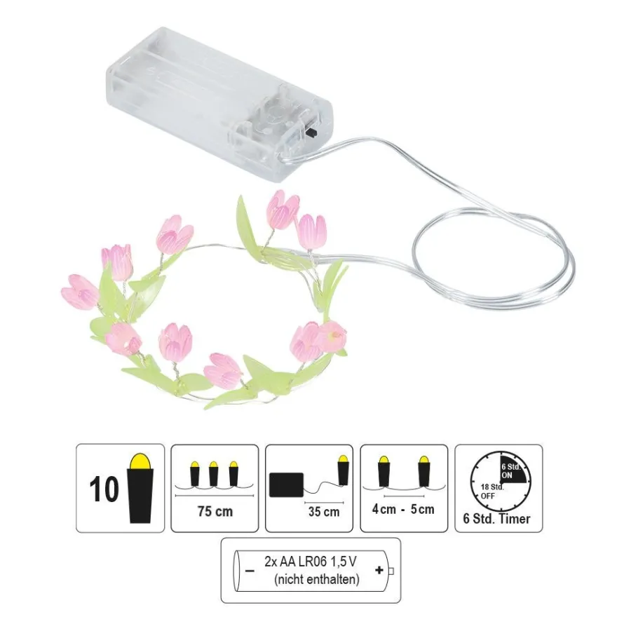 LED-Drahtlichterkette rosa Blümchen, 10 LEDs in Warmweiß, inkl. Timer