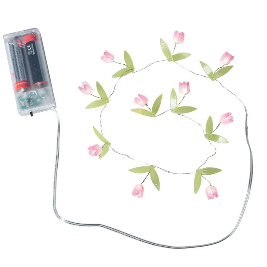 LED-Drahtlichterkette rosa Blümchen, 10 LEDs in Warmweiß, inkl. Timer