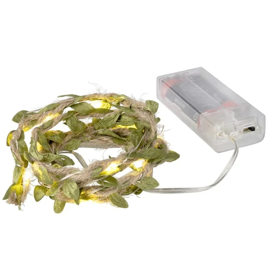 LED-Drahtlichterkette, Seil mit grünen Blättern, 10 LEDs in Warmweiß, 1,25m lang, Timer