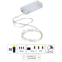 LED-Draht-Lichterkette, warmweiß, 1,5cm Lichtabstand, inkl. Timer, 80er