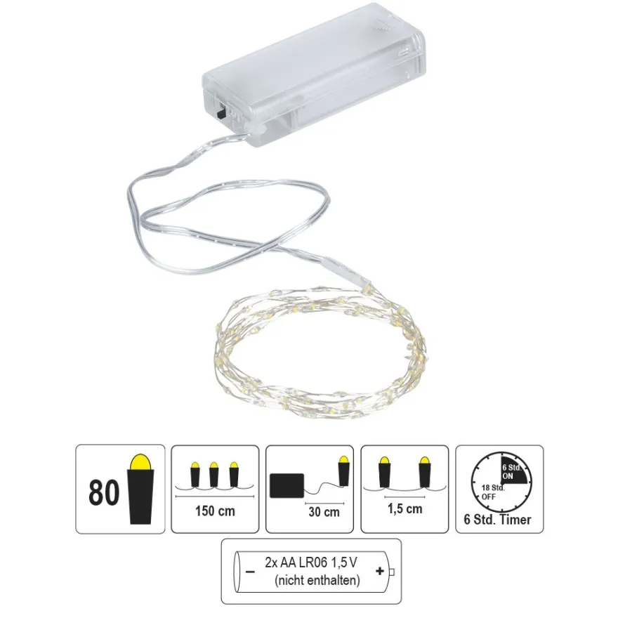 LED-Draht-Lichterkette, warmweiß, 1,5cm Lichtabstand, inkl. Timer, 80er