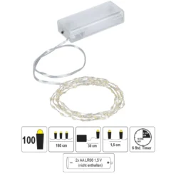 LED-Draht-Lichterkette, warmweiß, 1,5cm Lichtabstand, inkl. Timer, 100er