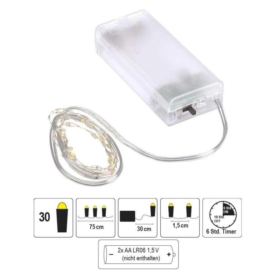 LED-Draht-Lichterkette, warmweiß, 1,5cm Lichtabstand, inkl. Timer, 30er