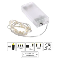 LED-Draht-Lichterkette, warmweiß, 1,5cm Lichtabstand, inkl. Timer, 60er