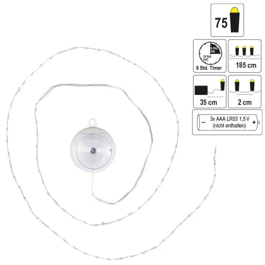 LED-Drahtlichterkette, zum Aufhängen, 75 LEDs in Warmweiß, mit Timer
