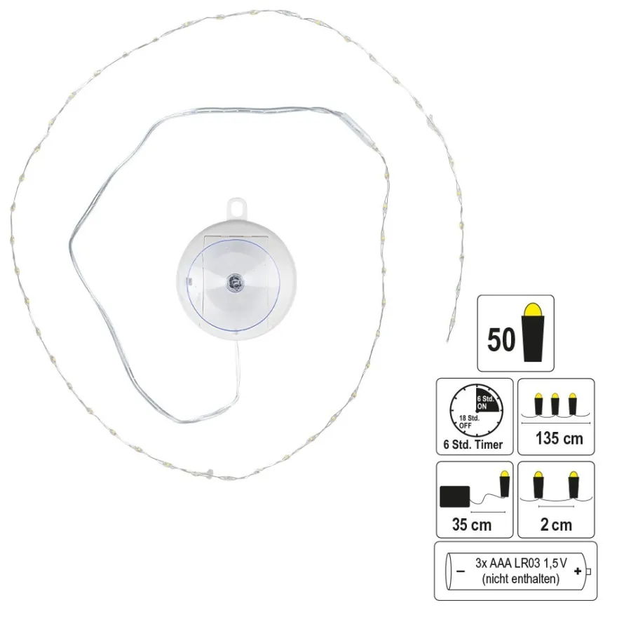 LED-Drahtlichterkette, zum Aufhängen, 50 LEDs in Warmweiß, mit Timer