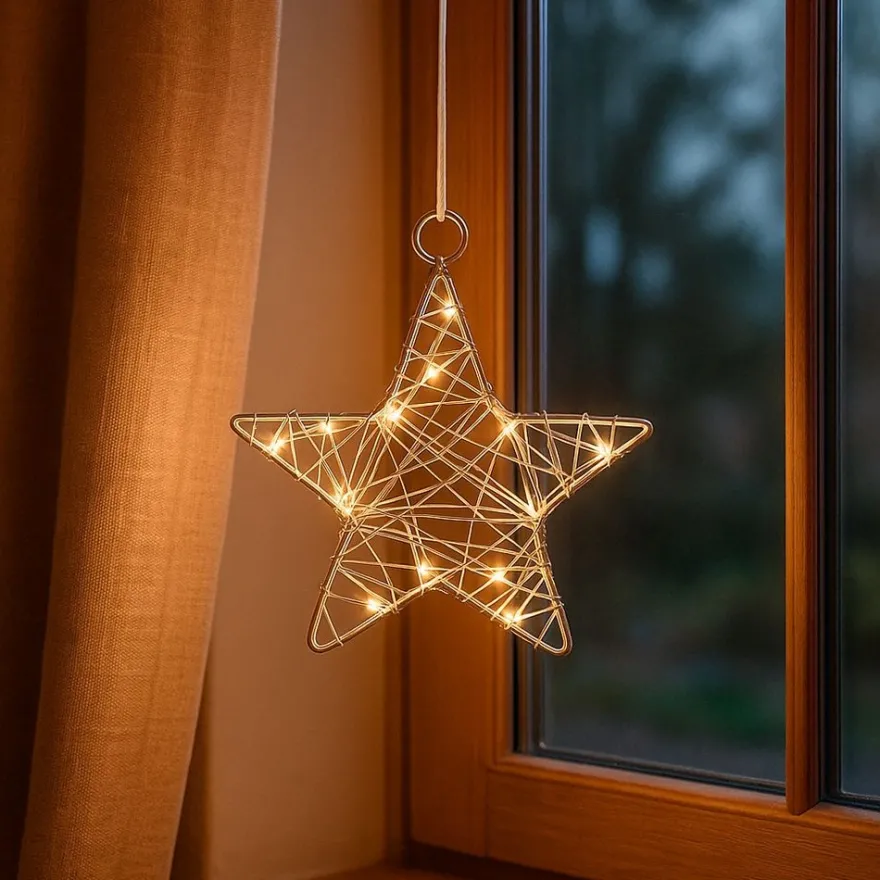 LED-Drahtstern, Ø12cm, 15 LED-Lichter in Warmweiß, inkl. Timer-Funktion