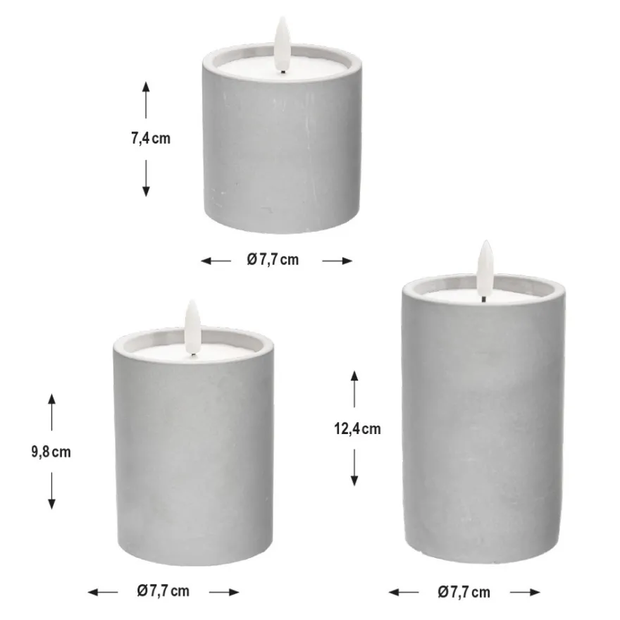 LED-Echtwachskerzen in Beton-Gefäß, 7,4-12,4cm hoch, rund & glatt, inkl. Timer, 3 Stück
