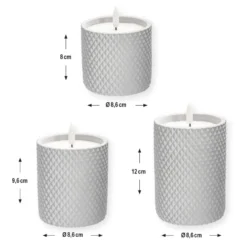 LED-Echtwachskerzen in Beton-Gefäß, 8-12cm hoch, rund mit Rauten-Muster, inkl. Timer, 3 Stück