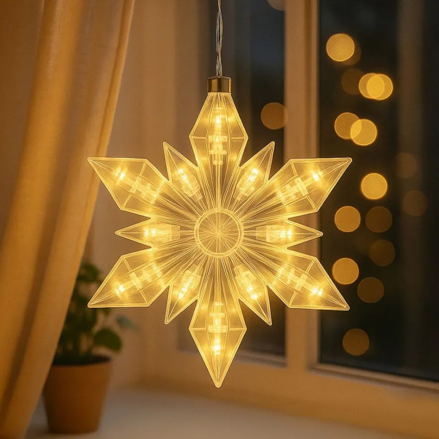 LED-Eiskristall, 23cm x 20cm, 25 LED-Lämpchen, warmweiß, transparent, klar, Timer