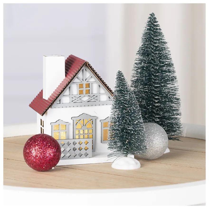 LED-Haus, rotes Dach, mit Lichteffekt-Folie, 9,5cm x 8,2cm x 11cm